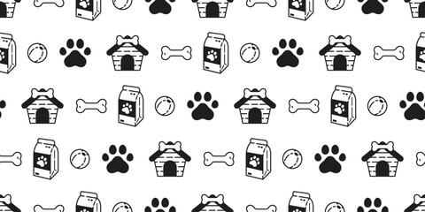 Dog paw seamless pattern footprint milk bottle pet bone ball toy vector puppy food french bulldog house icon cartoon gift wrapping paper scarf isolated tile background repeat wallpaper design clip art