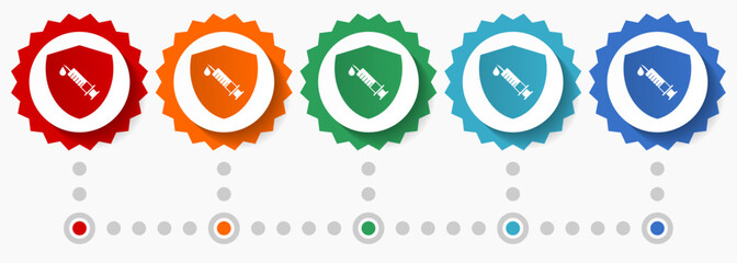 Poster - Vaccine shield concept vector icon set, colorful infographic template, set of flat design badge icons in 5 color options