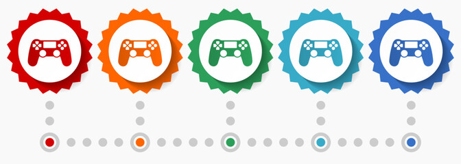 Poster - Wireless gaming controller, gamepad vector icon set, colorful infographic template, set of flat design badge icons in 5 color options