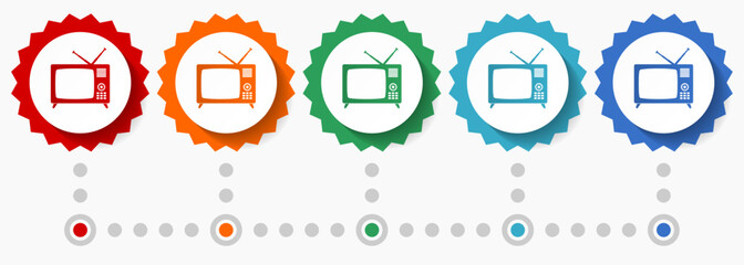 Poster - Retro television, tv and video screen vector icon set, colorful infographic template, set of flat design badge icons in 5 color options