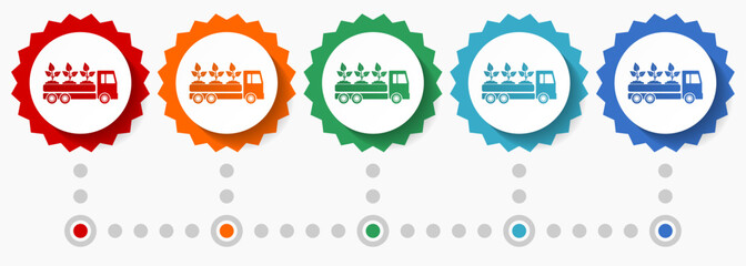 Aufkleber - Truck, plants and trees delivery vector icon set, colorful infographic template, set of flat design badge icons in 5 color options