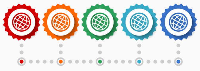 Aufkleber - World, globe vector icon set, colorful infographic template, set of flat design badge icons in 5 color options