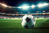 Fototapeta Sport - close up of a soccer ball in the center of the stadium illuminated by the headlights, generative ai