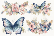 Retro Watercolor Butterfly On Flowers , Watercolor Painting Butterfly Floral Isolated On Vintage White Background , Created With Generative AI