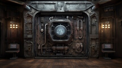 Wall Mural - Dark sci-fi dieselpunk space station corridor interior with hangar door generative ai