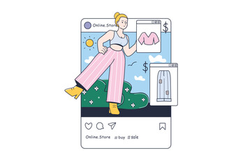 Aufkleber - Instagram post concept Online shop in the flat cartoon style. A woman wants to buy clothes from a new collection in an online store. Vector illustration.
