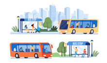 Passengers Waiting For Public Bus In City. Flat Illustration. Cartoon Transportation