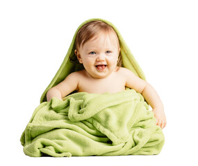 Wall Mural - Cute baby playing and laughing in cozy blanket. Isolated on transparent white background