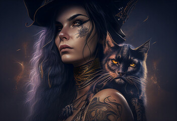 Wall Mural - Portrait of a woman with a cat in a witch's fancy dress. AI genarated