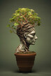 A Human Head as a Potted Plant, Representing Mental Stimulation and Growth, Generative AI