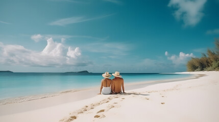 Wall Mural - Happy couple relax on a tropical sand beach. Summer vacation, holidays concept