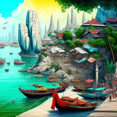 Canvas Print - Thai Town, Generative AI Illustration