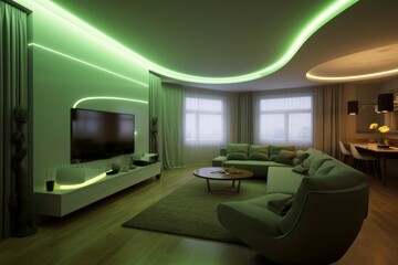 Poster - Modern interior design private green neon. Generate Ai