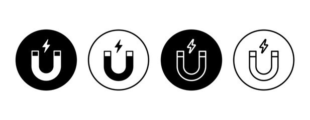 Magnet vector icon set. Linear horseshoe magnet symbol. Electromagnetic sign in circle