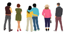 Set Of Different People Standing Full Length Rear View. Men, Women, Couple In Casual Clothes From Behind, Turned Back. Vector Realistic Characters Illustrations Isolated On Transparent Background.