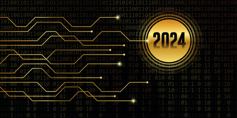 2024 golden number on dark binary code background vector illustration EPS10