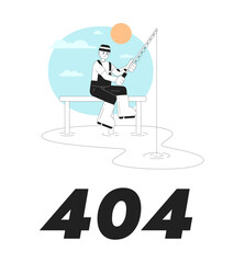 Fototapete - Fishing in morning vector bw empty state illustration. Editable 404 not found page for UX, UI design. Fisherman with rod on pier isolated flat monochromatic character on white. Error flash message