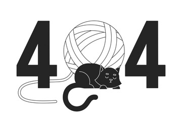 Fototapete - Black cat sleeping with yarn ball black white error 404 flash message. Resting cute pet. Monochrome empty state ui design. Page not found popup cartoon image. Vector flat outline illustration concept