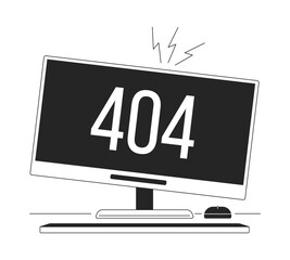 Poster - Broken monitor black white error 404 flash message. Damaged computer. Technology problem. Monochrome empty state ui design. Page not found popup cartoon image. Vector flat outline illustration concept