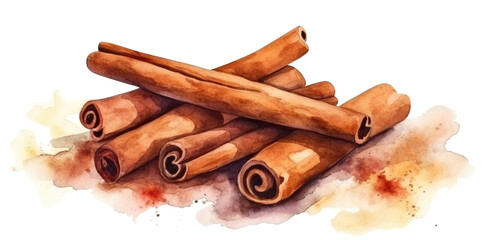 Wall Mural - Watercolor drawing of delicious cinnamon sticks cut out. Based on Generative AI