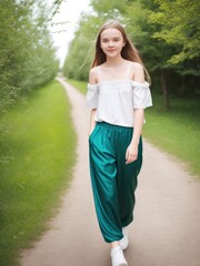 Wall Mural - Beautiful caucasian teenager smiling happy standing at the city park. The girl wearing in top and pants. Generative AI