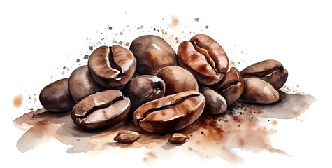 Wall Mural - Watercolor drawing of delicious roasted coffee beans with leaves, cut out. Based on Generative AI