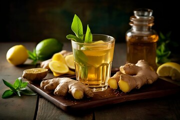 Lemon and ginger root. Tea or lemonade ingredients. Generative AI