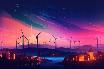 Poster - Wind turbines on the background of the night landscape. illustration. Wind turbines generating electricity in a dark night, AI Generated