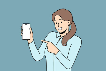 Wall Mural - Smiling woman point at mockup screen on cellphone. Happy female show with finger on blank display on smartphone. Technology and advertising. Vector illustration. 