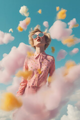 A young, beautiful girl who is in the clouds, thick white clouds on clear blue sky. A symbol of happiness, joy and freedom, a cute girl in a pastel outfit. Generative AI.