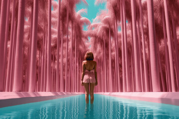 Wall Mural - A young beautiful girl entering the calm water to refresh herself from a hot summer day. Soothing summer landscape. Generative AI.