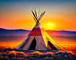 Sunset behind a native American Indian wigwam. Generative ai, illustration