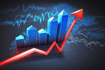 Poster - Business graph over blue background with red arrow
