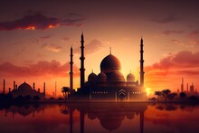Mosque At The Beautiful Sunset. Eid Al Adha, Generative AI