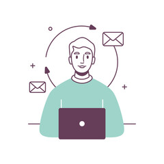Poster - Call center agent working on pc on helpline in shared office, exchanging email letters, mailing administrative. Operator consult clients on customer service call helpdesk, thin line