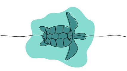 Sticker - animated colored continuous single line drawing of turtle in water, line art animation