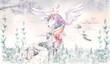 Rainbow Pegasus.  llustration for wallpaper, mural, card, dpoter, interior decoration. Kids room.