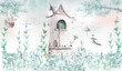 The princess in the tower. llustration for wallpaper, mural, card, dpoter, interior decoration. Kids room.