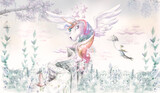 Fototapeta  - Rainbow Pegasus.  llustration for wallpaper, mural, card, dpoter, interior decoration. Kids room.