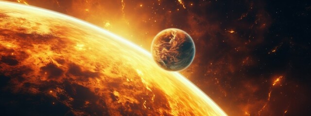Wall Mural - table collision of planets absorption of the planet by the sun banner poster planet sun mars in spac