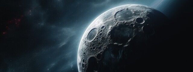 Wall Mural - banner poster planet moon mars in space on a dark background cinematic photo space for text copy spa