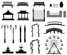 City Park Elements Set, Pillars, Lanterns, Fense, Benches, Gazebos, Arches, Ferris Wheel And Fountains. Vector Illustration.