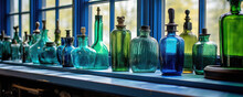 Hand Made Glass Bottles And Jars On A Counter In Front Of A Window. Glass Craft Atelier Or Glass Workshop. Handmade Glass Containers In Blue Green.  Hand Edited Generative AI.  