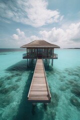 Wall Mural - Amazing drone view of the beach and water with beautiful colors. luxury tropical resort or hotel with water villas and beautiful beach scenery. maldives, summer vacation, resort maldivian houses.