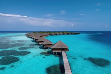 Wall Mural - Amazing drone view of the beach and water with beautiful colors. luxury tropical resort or hotel with water villas and beautiful beach scenery. maldives, summer vacation, resort maldivian houses.