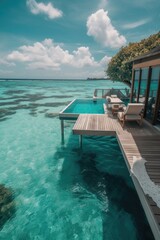 Wall Mural - Amazing drone view of the beach and water with beautiful colors. luxury tropical resort or hotel with water villas and beautiful beach scenery. maldives, summer vacation, resort maldivian houses.