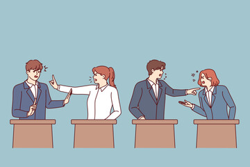 Debates of politicians standing behind stands during election campaign and attempts to out-arguing opponents. Men and women participate in political debates wishing to become deputies or senators