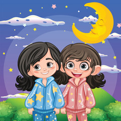 Sticker - Two friends at the garden at night wearing pajamas