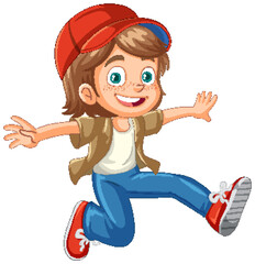 Wall Mural - Urban girl wearing cap jumping cartoon character