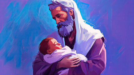 Wall Mural - Colorful painting art portrait of a father holding his son in his arms. Abraham and Isaac. Joseph and Jesus. Blue purple background.